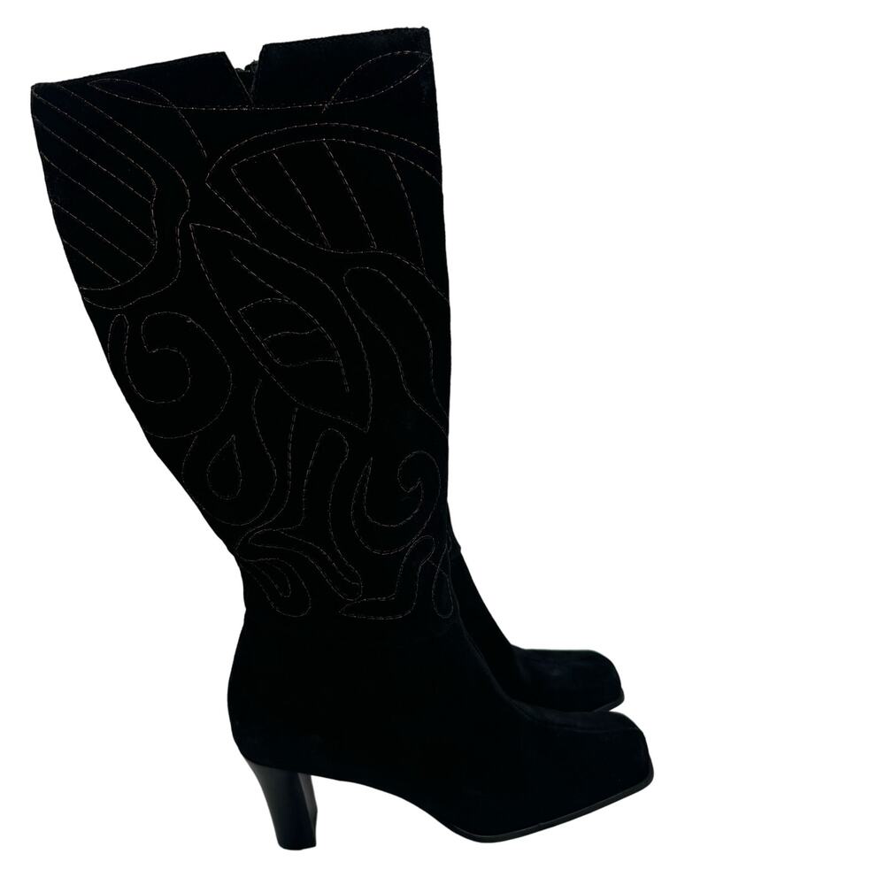 Vintage black suede gold embroidered detail Y2K Chicos boots size 8